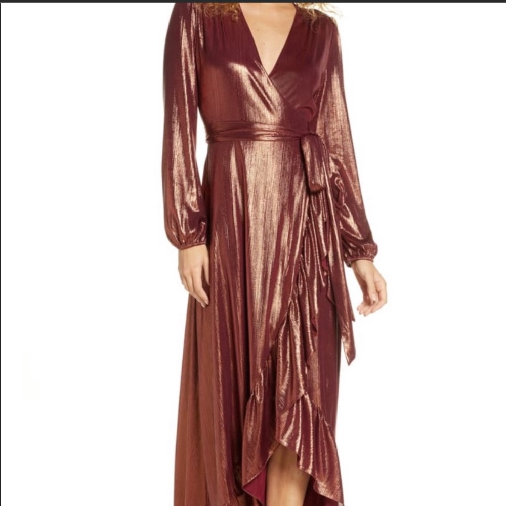Wayf Copper Metallic Ruffle Hem Hi Lo Wrap Dress